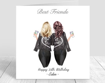 Könnte beinhalten: Eine Geburtstagskarte mit zwei Frauen, die schwarze Lederjacken mit dem Schriftzug "Best Friends" auf der Vorderseite tragen. Die Frauen halten Kaffeetassen und die Karte lautet "Happy 25th Birthday Eden".