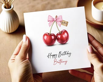 Personalised Cherry Birthday Card for Her • Cute Fruit Birthday Card • Custom Name Happy Birthday Card • Girly Bow Cherry Card • Bestie 2179
