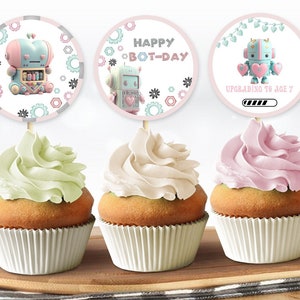 Personalised Pink Robots Cake Topper Robot Cake Decor Upgrading Age Robot Party Decor Robot bolts and nuts Robot centrepieces, 4th 5th 131