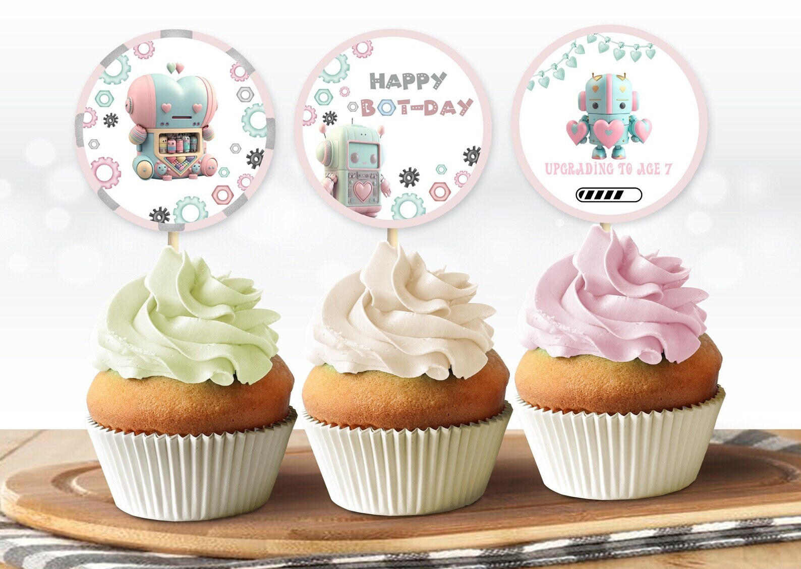 Personalised Pink Robots Cake Topper Robot Cake Decor Upgrading Age Robot Party Decor Robot bolts and nuts Robot centrepieces, 4th 5th 131