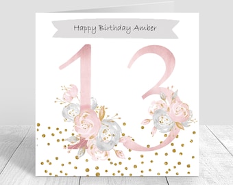 Beautiful 13th Birthday Card for Girls Birthday Greetings card handmade and personalised Daughter/ Niece/ Granddaughter/Sister/Friend