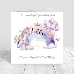 Carte d'anniversaire personnalisée licorne fille petite-fille fille soeur nièce ami violet arc-en-ciel 2ème 3ème 4ème 5ème 6ème 7ème carte de voeux 829