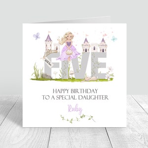 Carte personnalisée de 5e anniversaire pour filles, princesse faite main pour fille, petite-fille nièce, carte d'anniversaire, carte de voeux de château, 994