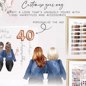 May include: A personalized birthday greeting card featuring an illustration of two friends in denim jackets holding champagne glasses, with the text Happy Birthday To my Best Friend and a rose gold 40 balloon. Includes charts for hair and accessory options.