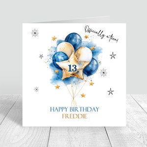 Gepersonaliseerde jongens 13e verjaardagskaart, officieel een tienerverjaardag wenskaart handgemaakt voor hem zoon, neef, kleinzoon tiener, vriend 1029