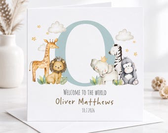 Personalised New Baby Card, Safari Animal Baby Card, Welcome to the World Card,Baby Boy Card, Initial Name Card,Newborn Congratulations 3154