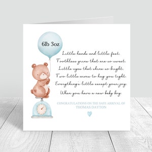 Petites mains et petits pieds Carte personnalisée pour nouveau-né Carte de bébé garçon faite main Félicitations Carte de naissance 800