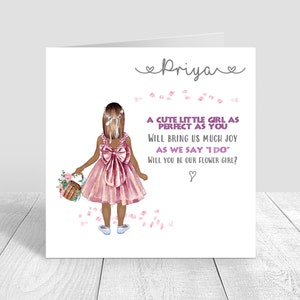 Werden Sie unser personalisiertes Blumenmädchen sein? Personalisieren Sie Ihr Haar. Handgefertigte und personalisierte Blumenmädchenkarte. Hochzeit, Blumenmädchen, Geschenk, Brautparty