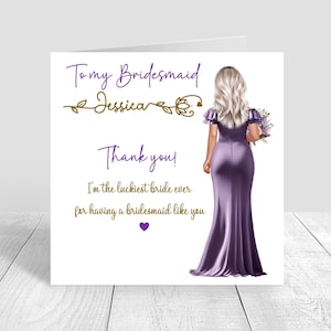 Danke, dass Sie meine Brautjungfer Karte /Trauzeugin Karte, personalisierte Karte Team Braut, Braut Stamm, beste Freundin, Schwester, lila Kleid 1266