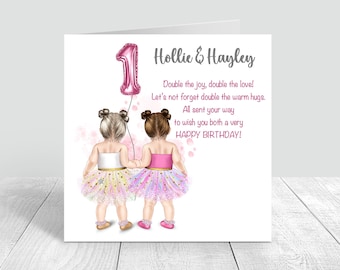 Gepersonaliseerde tweeling verjaardagskaart Twin meisjes handgemaakte en gepersonaliseerde kaarten 1e 2e 3e verjaardag kleindochter dochter nichtje 443