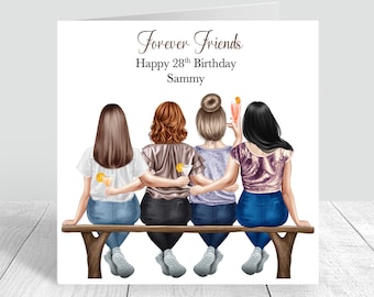 May include: A greeting card featuring an illustration of four friends sitting on a bench. The card reads "Forever Friends Happy 28th Birthday Sammy".