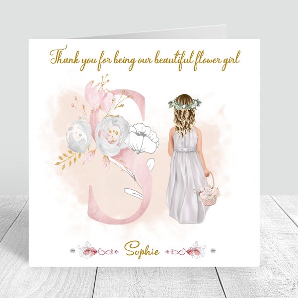 Beautiful Thank you Flower Girl Card - Customise Hair - Handmade & Personalised Flower Girl Card Wedding| Flower Girl Gift