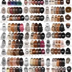 May include: A catalog of various hairstyles, featuring illustrations of women's hair in diverse colors and styles. The image includes a range of options, from short bobs to long flowing locks, with each style labeled with a unique code.