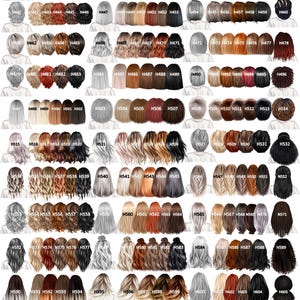 May include: A digital chart titled Ladies Hair Options displaying a wide variety of illustrated hairstyles and hair colors, each labeled with a unique code from H422 to H622, featuring diverse textures, lengths, and shades arranged in rows.