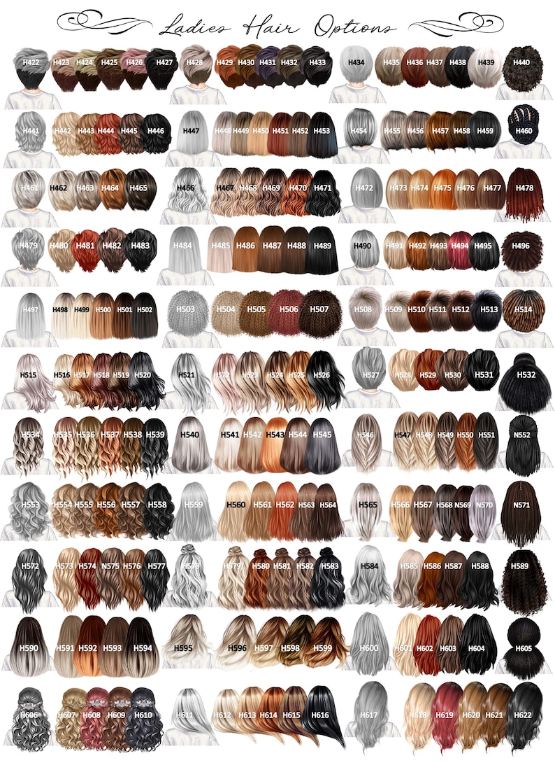 May include: A digital chart titled Ladies Hair Options displaying a wide variety of illustrated hairstyles and hair colors, each labeled with a unique code from H422 to H622, featuring diverse textures, lengths, and shades arranged in rows.