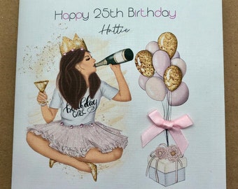 Handmade Personalised Women&#39;s Birthday Card Daughter Granddaughter Niece 18th 21st 30th Brunette Hair