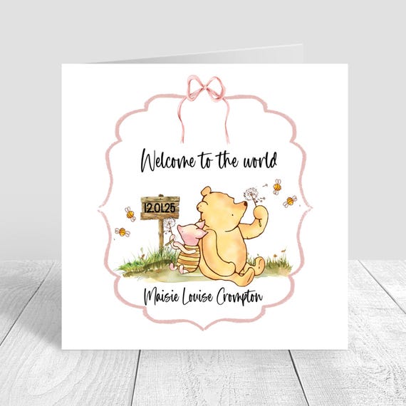Winnie the Pooh Card, Personalised New Baby Card, Congratulations