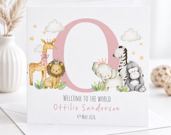 Personalised Baby Girl Card, Safari Animal New Baby Card, Welcome to the World Card,Pink Initial Name Card,Newborn Congratulations Card 3155