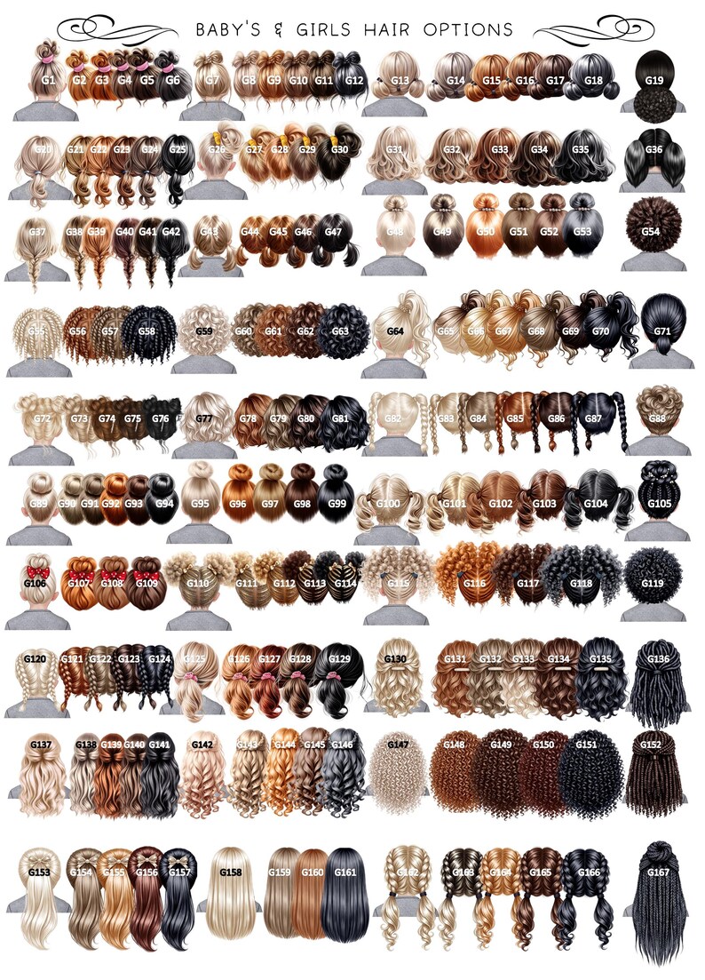 May include: A catalog of baby and girl's hair options, featuring various hairstyles. The image displays numerous illustrations of different hair colors and styles, numbered G1 through G167, including braids, buns, and ponytails.