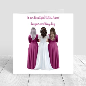 Cartão de dia de casamento personalizado para melhor amiga, irmã, prima, vários penteados feitos à mão, dama de honra, melhor amiga, noiva