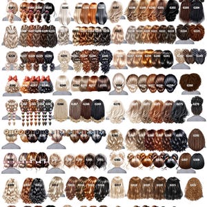 May include: A catalog of baby and girl's hair options, featuring various hairstyles in different colors. The image displays numerous illustrations of hairstyles, including braids, ponytails, buns, and loose styles, with each style labeled with a unique code.