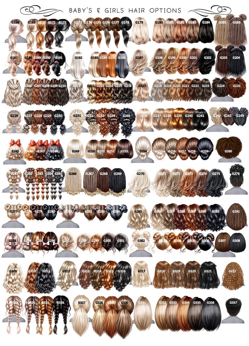 May include: A catalog of baby and girl's hair options, featuring various hairstyles in different colors. The image displays numerous illustrations of hairstyles, including braids, ponytails, buns, and loose styles, with each style labeled with a unique code.