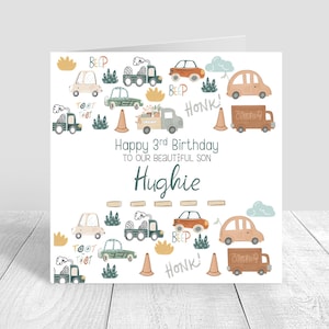 Carte d'anniversaire personnalisée pour garçons, voitures, véhicules, camions 1er anniversaire, 2e et 3e anniversaire, fils, petit-fils, neveu, carte de voeux 1518