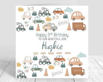 Personalised Boys Birthday Card, Cars, Vehicles Birthday Card,Trucks Boys 1st Birthday, 2nd 3rd, Son, Grandson,Nephew, Greeting Card 1518