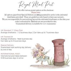 May include: An illustration featuring a pink Royal Mail postbox and a cartoon bunny holding flowers and a letter. The text "Royal Mail Post" is at the top, with postal information below. The bunny is wearing a light green dress.
