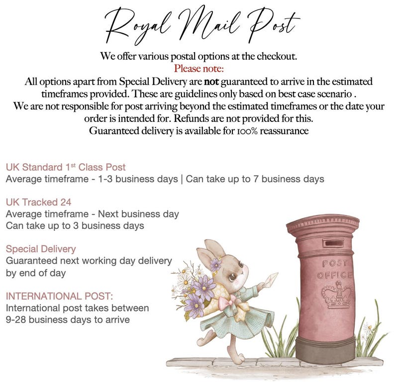 May include: An illustration featuring a pink Royal Mail postbox and a cartoon bunny holding flowers and a letter. The text "Royal Mail Post" is at the top, with postal information below. The bunny is wearing a light green dress.