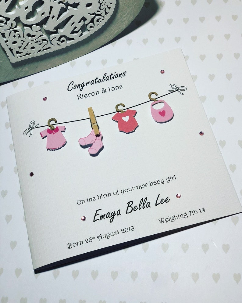 Gorgeous Washing Line Personalised New Born Baby girl Handmade card image 4