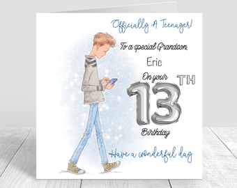 Boys 13th Birthday card Handmade Personalised Card Officially a teenager Teenage Boys Card Nephew Son Grandson Brother 13th card Happy 13th