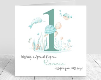 Tarjeta personalizada para el primer cumpleaños de niño, hecha a mano, tarjeta de primer cumpleaños bajo el mar, para hermano, hijo, nieto, sobrino, bebés, primer cumpleaños, criaturas marinas 838