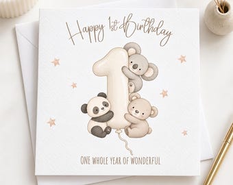 1st Birthday Card, First Birthday Card for Boy or Girl, Cute Animal Card with Panda Koala and Bear, Neutral Baby Birthday Card 3119