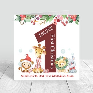 Première carte de Noël personnalisée pour bébé, 1er Noël fait à la main, carte de Noël pour filles, garçons, carte d’animaux de Noël, carte de Noël joyeux pour garçons