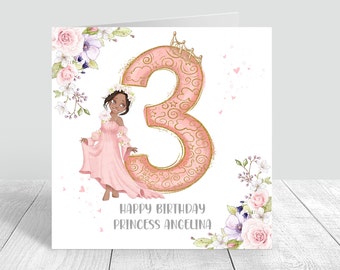 Personalisierte Mädchen 3. Geburtstag Prinzessin Geburtstagskarte Happy 3. Geburtstag Prinzessin / Krone handgemachte Karte Grußkarte Verschiedene Haarfarbe 218