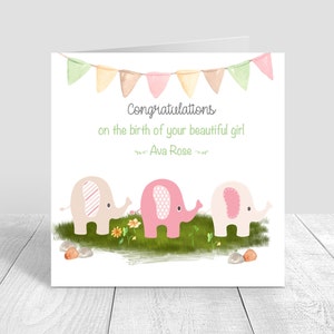 Mooie pasgeboren babymeisje handgemaakte kaart gepersonaliseerde olifant thema Gefeliciteerd pasgeboren geschenken