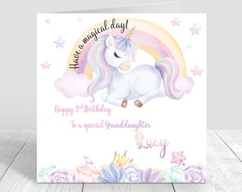 Personalised Girls Unicorn Birthday Card Handmade Rainbow birthday card for daughter Granddaughter niece Sister Friend 4th 5th 6th 577