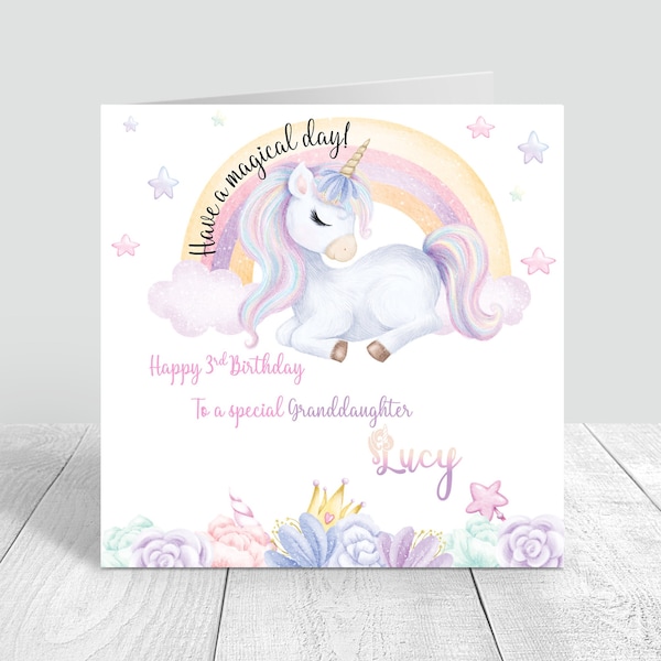 Personalised Girls Unicorn Birthday Card Handmade Rainbow birthday card for daughter Granddaughter niece Sister Friend 4th 5th 6th 577