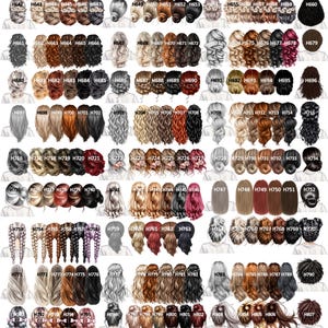 May include: A digital chart titled Ladies Hair Options displaying a wide variety of illustrated hairstyles and hair colours for women, organised in rows and columns with individual identification codes ranging from H623 to H824.