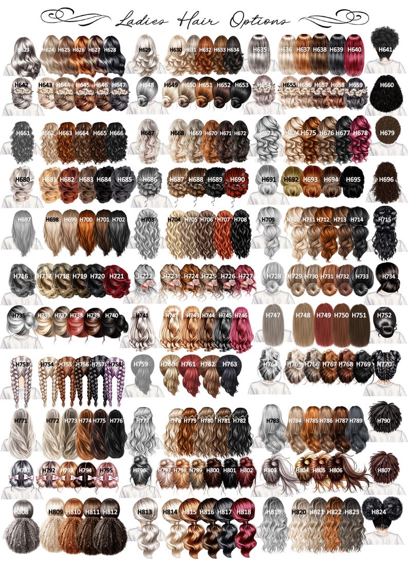 May include: A digital chart titled Ladies Hair Options displaying a wide variety of illustrated hairstyles and hair colours for women, organised in rows and columns with individual identification codes ranging from H623 to H824.