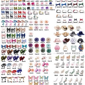 May include: A comprehensive chart titled HAIR ACCESSORY OPTIONS displaying a wide variety of illustrated bows, flowers, headbands, hats, and mixed hair clips, each labeled with a unique identifier for selection and customization purposes.