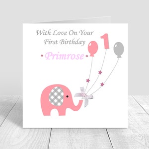 Carte personnalisée 1er anniversaire pour filles, carte éléphant rose pour premier anniversaire fille petite-fille nièce