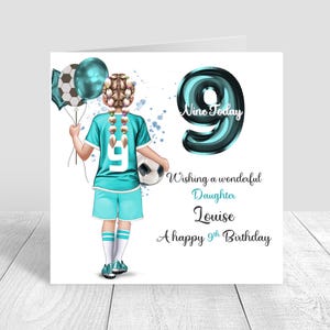 Meninas Cartão de aniversário de futebol personalizado, cartão de aniversário de futebol, cartão de felicitações, cartão de aniversário de kit de futebol azul-petróleo, filha 5º 6º 8º 12º 1360