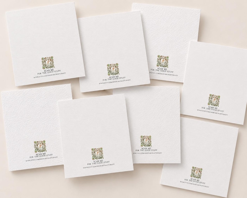 May include: A collection of seven square white cards, each featuring a small, intricate, green and gold floral-bordered QR code in the center. Below each code, the text reads: SCAN ME FOR THE GOOD STUFF followed by the URL ETSY.COM/SHOP/AKCRAFTCRAZY.