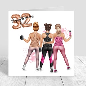 Cartão de feliz aniversário personalizado para melhor amiga feminina, roupa de ginástica/fitness para sua irmã, melhor amiga, prima 18, 21, 25, 30, 35, 40, 50, 423