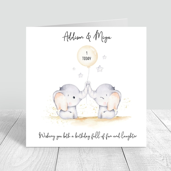 Personalised Twins Birthday Card Twin Girls | Twin Boys Handmade and Personalised Cards Elephants Son Grandson Daughter 1st 2nd 3rd 823