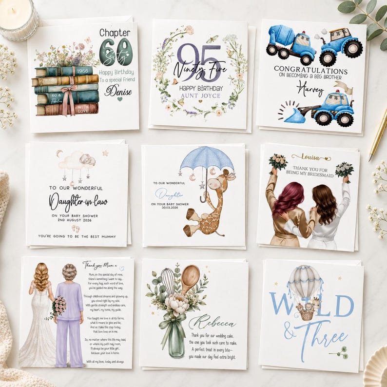 May include: A collection of nine square greeting cards featuring various illustrations including stacked books, floral wreaths, construction vehicles, a giraffe with an umbrella, two people, a wedding scene, kitchen utensils, and a hot air balloon.