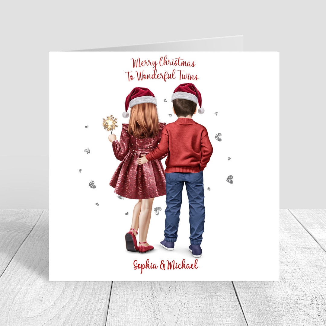 Personalised Twins Christmas Card Merry Christmas Winter Theme Greeting Card Grandson