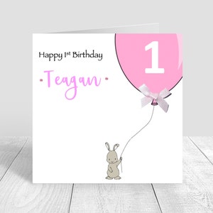 Personalisierte Mädchen 1. Geburtstag handgemachte Karte Enkelin / Tochter / Schwester / Nichte, 2nd Birthday, Pink Birthday Card Rabbit